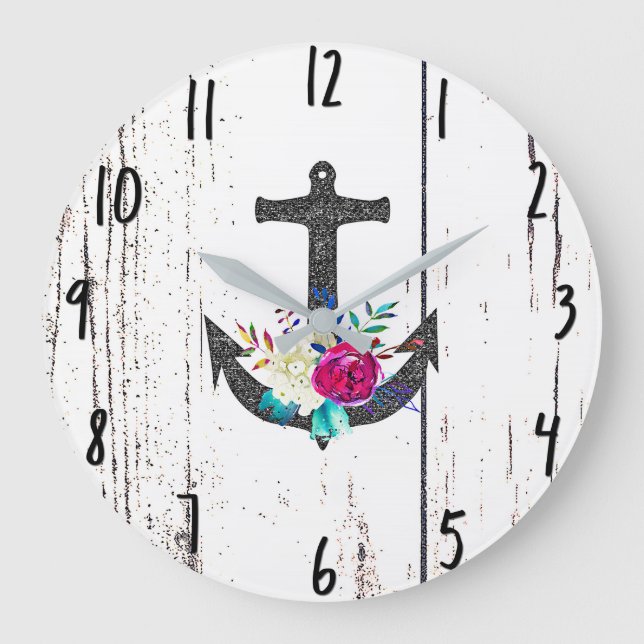 Rustic Beach Anchor & Bold Floral Summer Nautical Large Clock (Front)