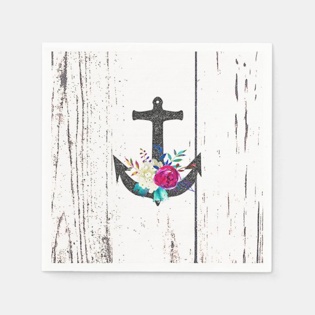 Rustic Beach Anchor & Bold Floral Summer Nautical Napkin (Front)