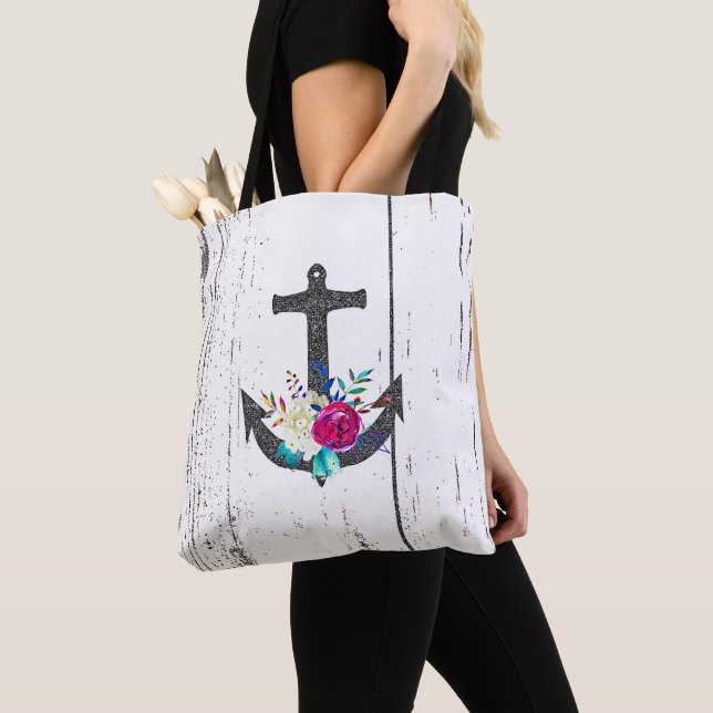 Rustic Beach Anchor & Bold Floral Summer Nautical Tote Bag (Close Up)