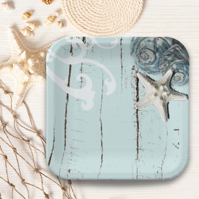 rustic beach aqua blue  seashell starfish wedding paper plate (rustic beach aqua blue seashell starfish wedding paper plates)
