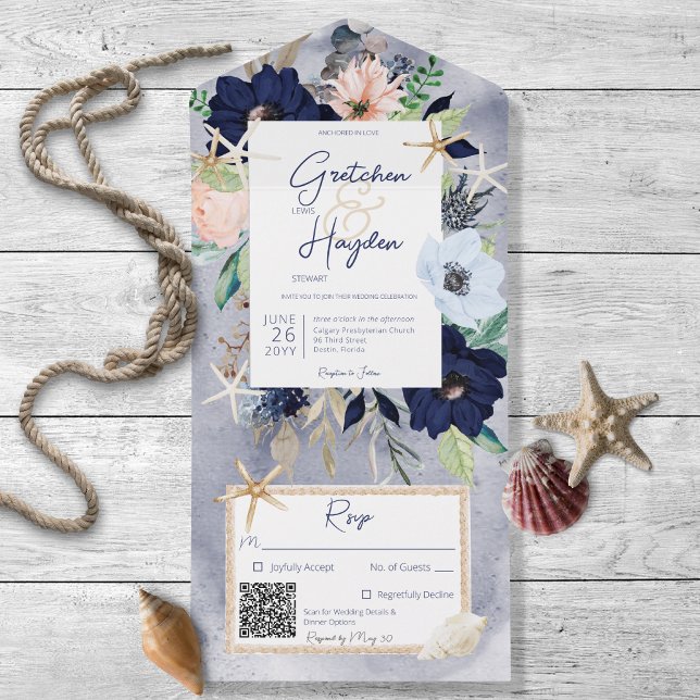 Rustic Beach Blue Nautical QR Code All In One Invitation (Also available without a QR code; with or without dinner selection options.)