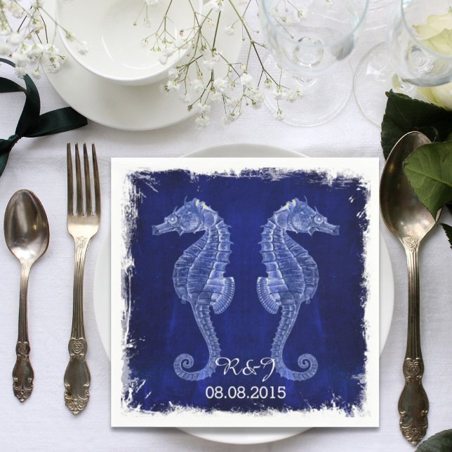 rustic beach coastal blue seahorse wedding napkin (rustic beach coastal blue seahorse wedding napkins)