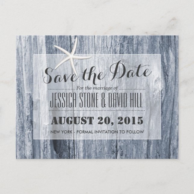 Rustic Beach Driftwood & Starfish Save the Date Announcement Postcard (Front)