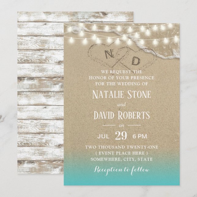 Rustic Beach Heart String Lights Summer Wedding Invitation (Front/Back)