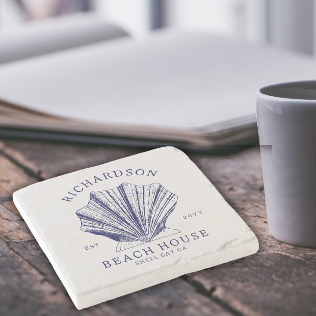 Rustic Beach House Family Name Nautical | Blue Stone Coaster (Creator Uploaded)