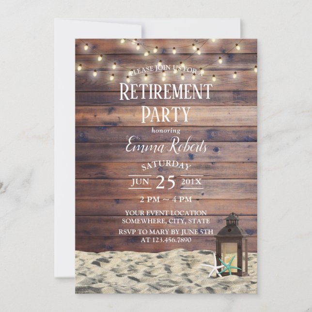 Rustic Beach Lantern & Starfish Retirement Party Invitation (Front)