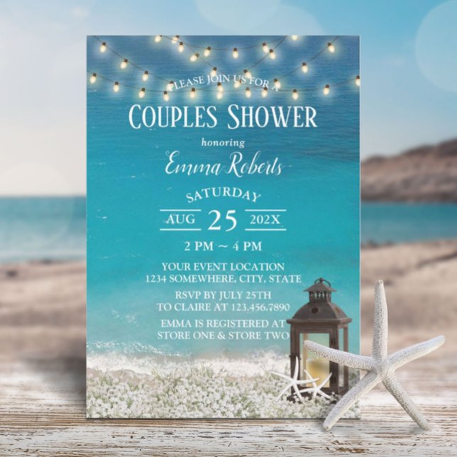 Rustic Beach Lantern String Lights Couples Shower Invitation (Creator Uploaded)