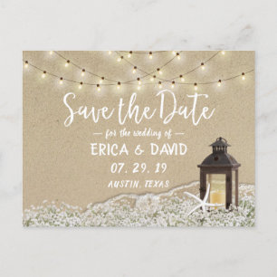 Rustic Beach Lantern String Lights Save the Date Announcement Postcard