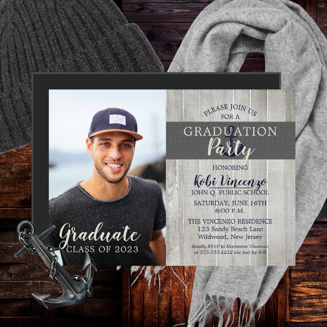 Rustic Beach Nautical Photo Graduation Party Magnetic Invitation (Creator Uploaded)