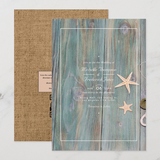 Rustic Beach Nautical QR Code RSVP Wedding Invitation (Front/Back)