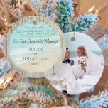 Rustic Beach Newlywed Photo First Christmas Ceramic Tree Decoration<br><div class="desc">This rustic beach themed newlywed photo ornament makes a great keepsake to remember your first Christmas as a married couple. A beautiful aqua beach scene with ocean waves is framed with rustic weathered wood, with string lights at the top. Easily change the photo on the back with the included template....</div>