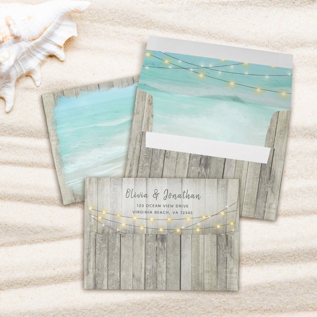 Rustic Beach Ocean String Lights Wedding Invite Envelope (Creator Uploaded)