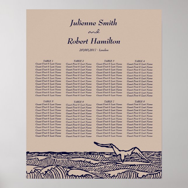 Rustic Beach Ocean Waves Wedding Seating Chart (Front)