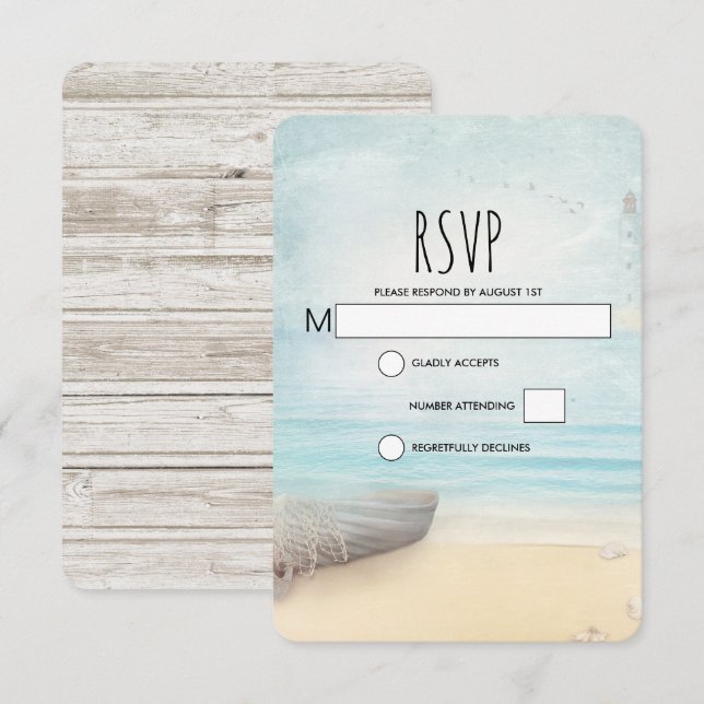 Rustic Beach Scene with Boat Wedding RSVP Card (Front/Back)