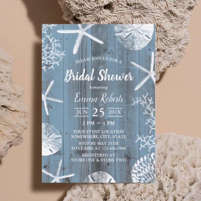 Rustic Beach Seashells Dusty Blue Bridal Shower Invitation (Creator Uploaded)
