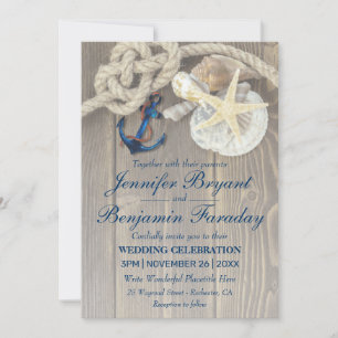 Rustic Beach Shell Navy Anchor Nautical Wedding Invitation