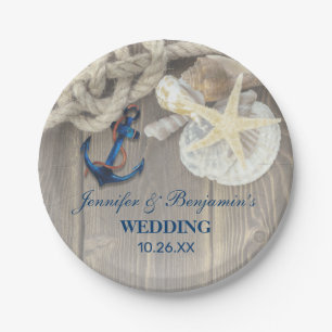 Rustic Beach Shell Navy Anchor Nautical Wedding Paper Plate