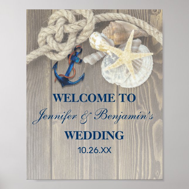 Rustic Beach Shell Navy Anchor Nautical Wedding Poster (Front)