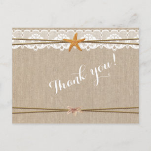 Rustic Beach Starfish Lace Wedding Thank You Postcard