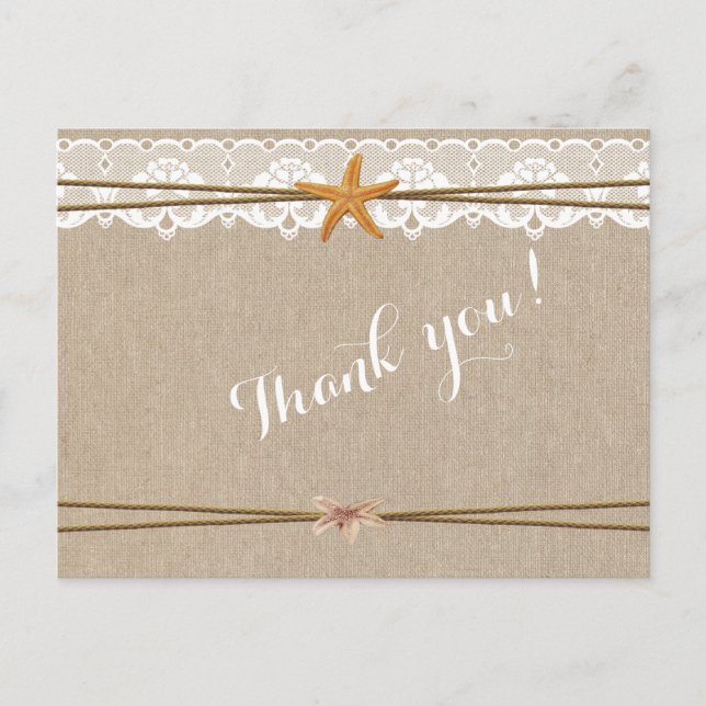 Rustic Beach Starfish Lace Wedding Thank You Postcard (Front)
