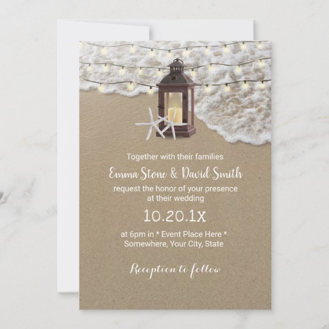Rustic Beach Starfish Lantern String Light Wedding Invitation (Front)