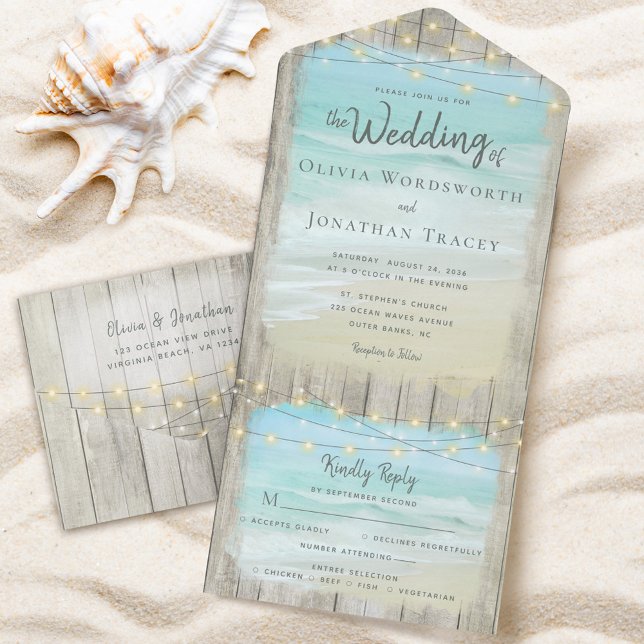 Rustic Beach String Lights Coastal Wedding All In One Invitation (Creator Uploaded)