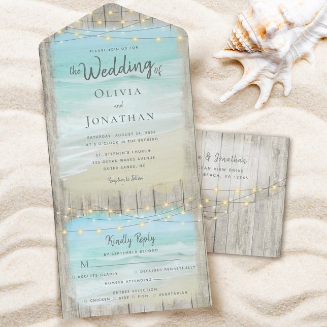 Rustic Beach String Lights Destination Wedding All In One Invitation (Creator Uploaded)