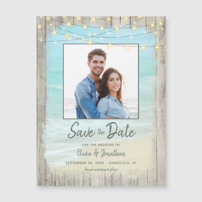 Rustic Beach String Lights Photo Save the Date Magnetic Invitation (Front)