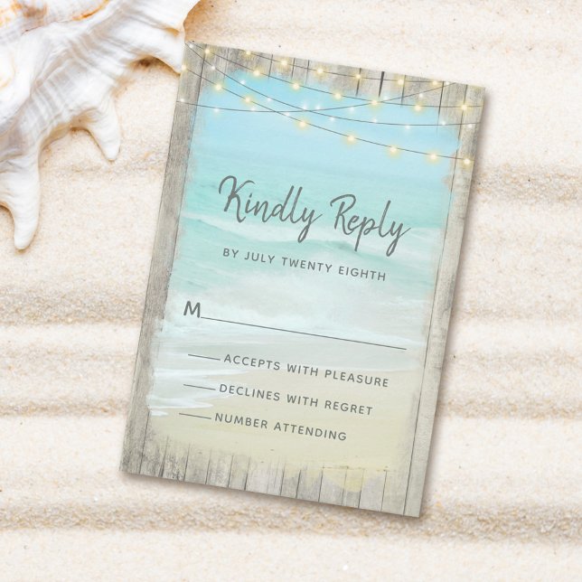 Rustic Beach String Lights Wood Wedding RSVP Card (Creator Uploaded)