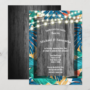 Rustic beach stringlights tropical jungle wedding invitation