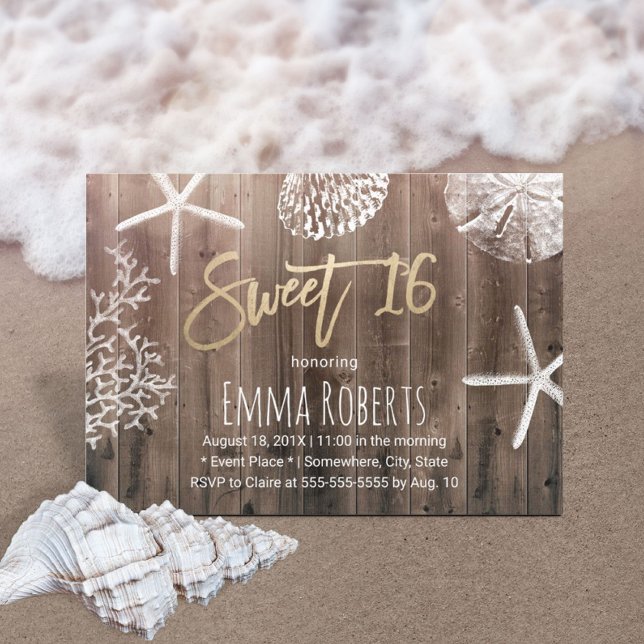 Rustic Beach Sweet 16 Starfish Seashells Birthday Invitation (Creator Uploaded)