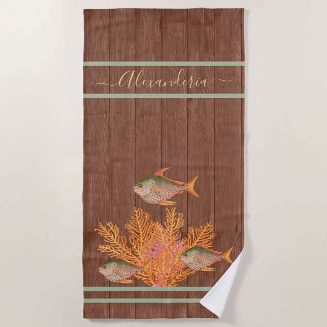 Rustic  Beach Tropical Fish Sage Green Coral Pink Beach Towel (Front)