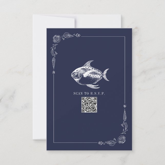 Rustic Beach Wedding Dark Blue Fish RSVP (Front)
