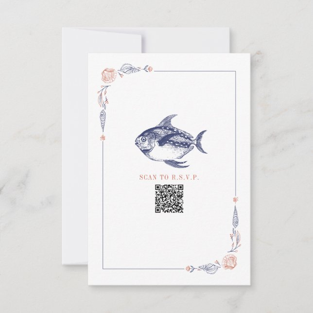 Rustic Beach Wedding Red & Blue Fish RSVP (Front)