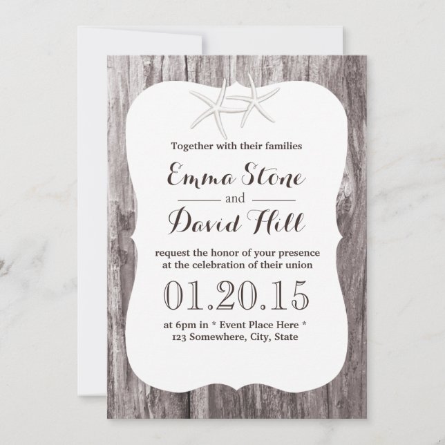 Rustic Beach Wedding Starfish Driftwood Invitation (Front)