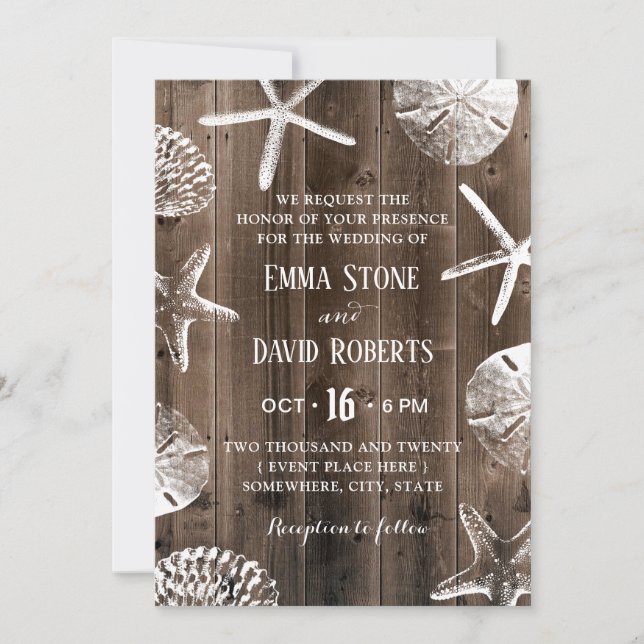 Rustic Beach Wedding Starfish & Seashell Barn Wood Invitation (Front)