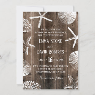 Rustic Beach Wedding Starfish & Seashell Barn Wood Invitation