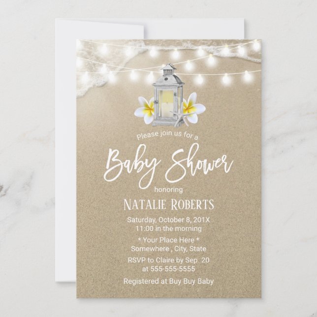 Rustic Beach White Floral Lantern Baby Shower Invitation (Front)