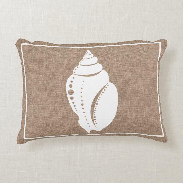 Rustic Beach White Seashell & Faux Burlap Decorative Cushion (Front)