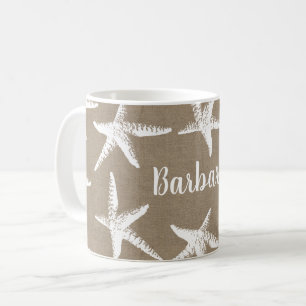 Rustic Beach White Starfish & Faux Burlap Coffee Mug