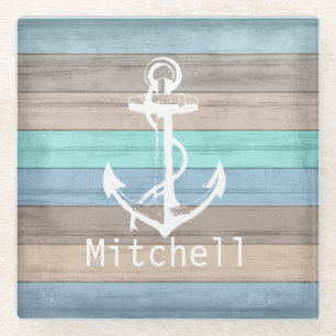 Rustic Beach Wood Nautical Stripes & Anchor Glass Coaster