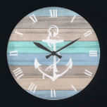 Rustic Beach Wood Nautical Stripes & Anchor Large Clock<br><div class="desc">🥇 ONLY AVAILABLE HERE ON ZAZZLE! Wall Clock. Add style to your home with this Rustic Beach Wood Nautical Stripes & Anchor Clock. This clock can be personalised with names and a date. Makes a wonderful housewarming gift, a wedding or anniversary gift. ✔Note: Not all template areas need changed. 📌If...</div>