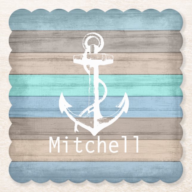 Rustic Beach Wood Nautical Stripes & Anchor Paper Coaster (Front)
