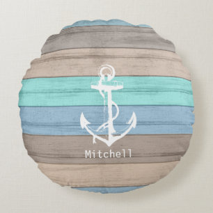 Rustic Beach Wood Nautical Stripes & Anchor Round Cushion