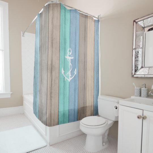 Rustic Beach Wood Nautical Stripes & Anchor Shower Curtain
