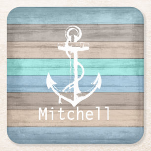 Rustic Beach Wood Nautical Stripes & Anchor Square Paper Coaster