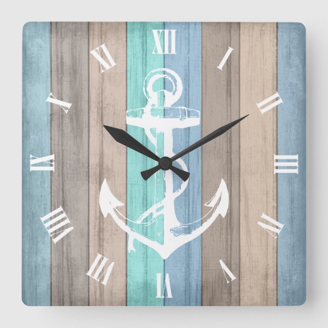 Rustic Beach Wood Nautical Stripes & Anchor Square Wall Clock (Front)