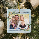 Rustic Beach Wood Starfish Family Photo Christmas Ceramic Ornament<br><div class="desc">This beach inspired Christmas ornament with a rustic wood background makes a great annual holiday keepsake, easily customised for a unique gift with the photo and text templates. Holiday watercolor sprigs of holly, pine, and starfish in two corners frame the photos on both sides. Please contact me through Zazzle Chat...</div>