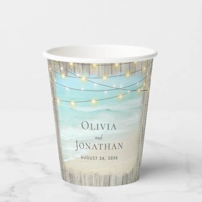 Rustic Beach Wood String Lights Coastal Wedding Paper Cups (Front)