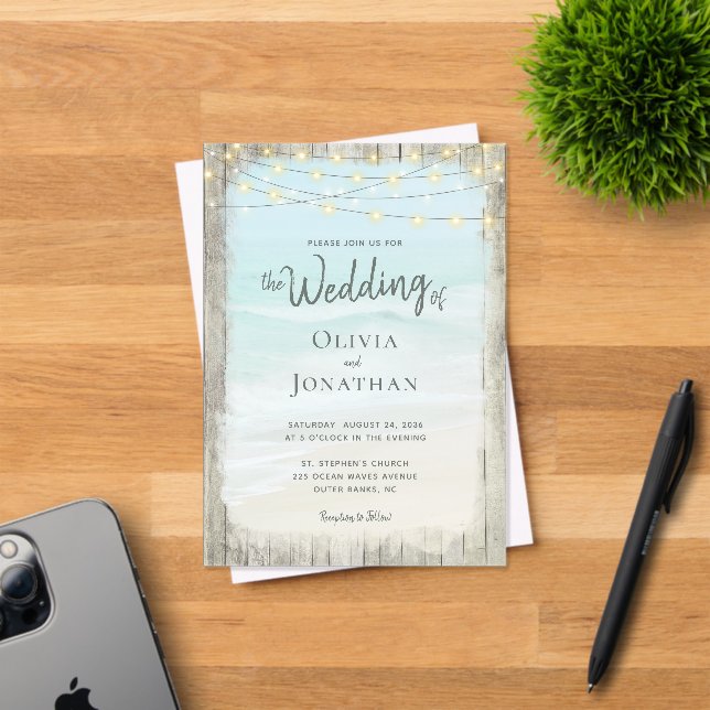 Rustic Beach Wood String Lights Waves Wedding Acrylic Invitations (Insitu (Invitation Card))